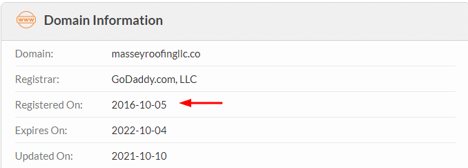 Screenshot of WhoIs profile for Roofing Domain